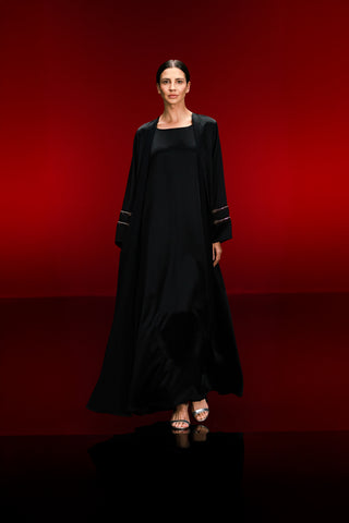 Liquid Black Abaya with Amethyst Crystal Mesh Sleeves