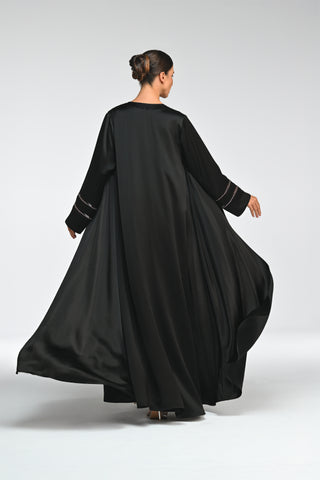 Liquid Black Abaya with Amethyst Crystal Mesh Sleeves back