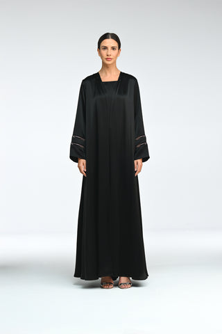 Liquid Black Abaya with Amethyst Crystal Mesh Sleeves front