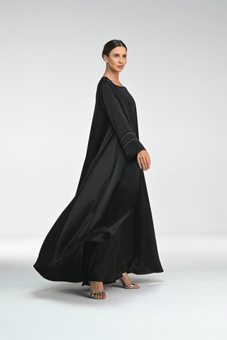Liquid Black Abaya with Amethyst Crystal Mesh Sleeves side