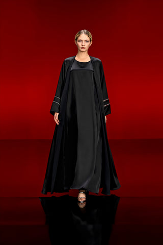 Liquid Black Abaya with silver crystal Mesh Sleeves