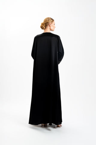 Liquid Black Abaya with silver crystal Mesh Sleeves back