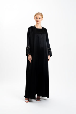 Liquid Black Abaya with silver crystal Mesh Sleeves front