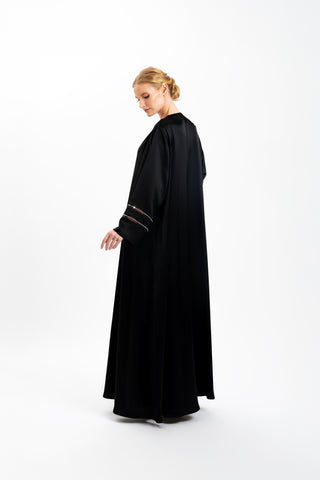 Liquid Black Abaya with silver crystal Mesh Sleeves side